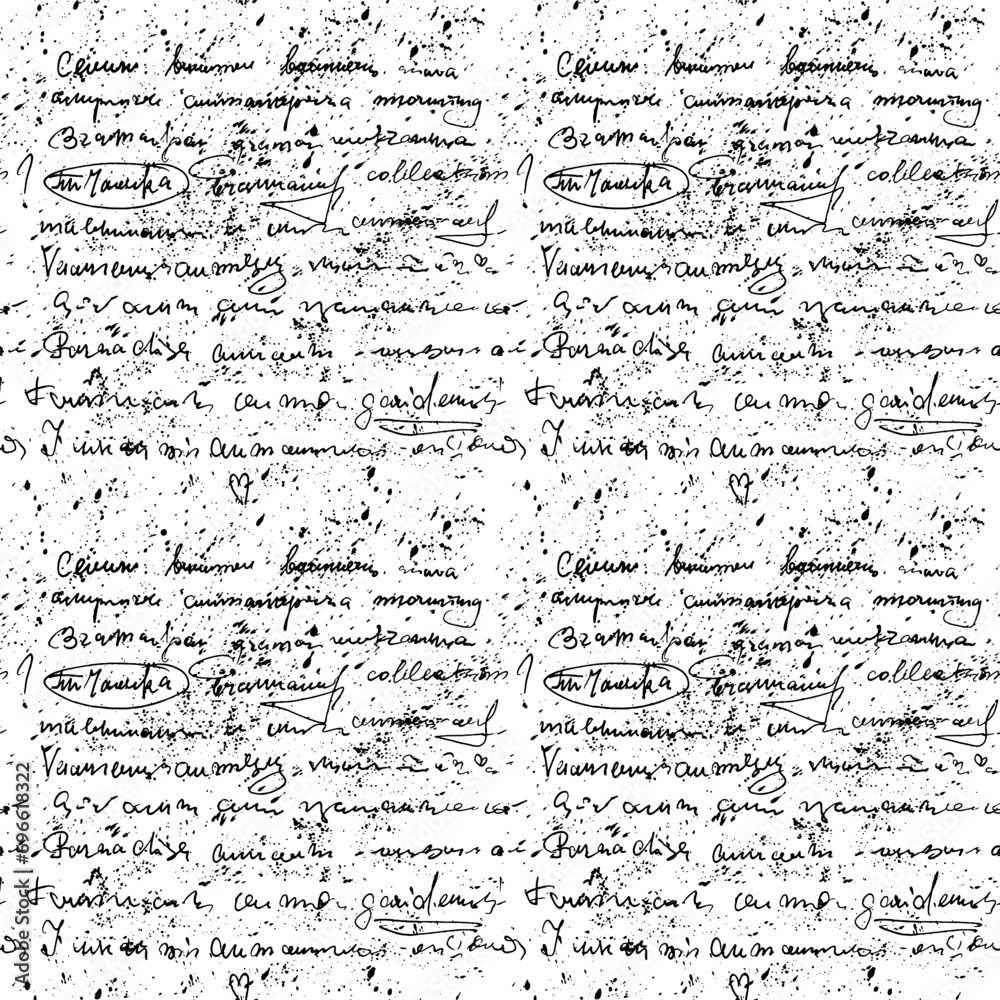 Seamless vector pattern with illegible text and ink stains, abstract ...
