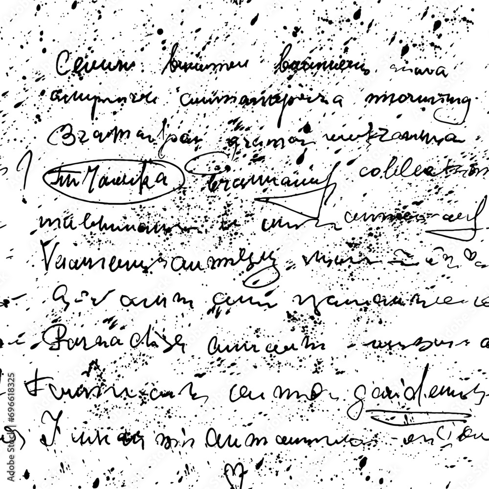 Seamless vector pattern with illegible text and ink stains, abstract ...