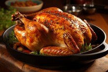 Savory And Succulent Roast Chicken With Crispy Skin, Perfectly Cooked In A Sizzling Pan