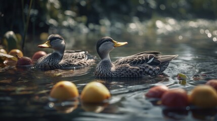 a pair of ducks playing together