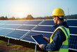 © kdcreativeaivisions - Engineer with laptop and tablet maintenance checking installing solar roof panel on the factory rooftop