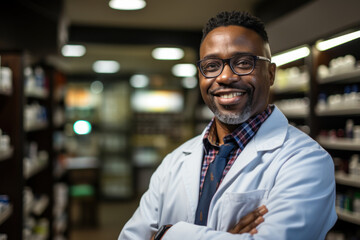 Poster - A confident black pharmacist, dressed in a lab coat and glasses, stands with arms crossed and an engaging smile. Generative Ai.