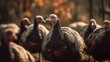 Large flock of turkeys in wild forest in close view