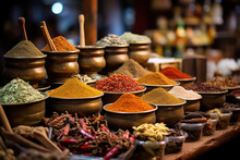 A Diverse Array Of Spices And Herbs Arranged In A Market Stall, Offering A Sensory Journey Into The World Of Culinary Delights. Concept Of Gastronomic Exploration. Generative Ai.