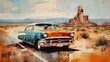 Abstract painting Oil painting of a 50s car driving down route 66 on canvas  