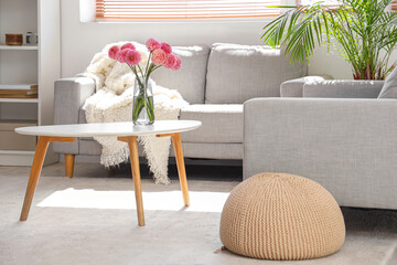 Wall Mural - Vase of beautiful pink dahlias on table in living room