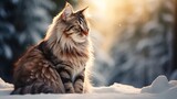 Fototapeta  - Norwegian Forest Cat in a Snowy Setting