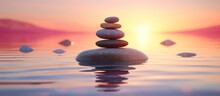 A Pile Of Stones Balanced In The Middle Of Calm Purple, Orange And Blue Sea Water With Sunlight In The Background