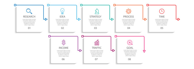 Aufkleber - simple infographic design with 8 parts or steps, interconnected square shapes with thin colored lines, for flow diagrams, banners or your business presentation
