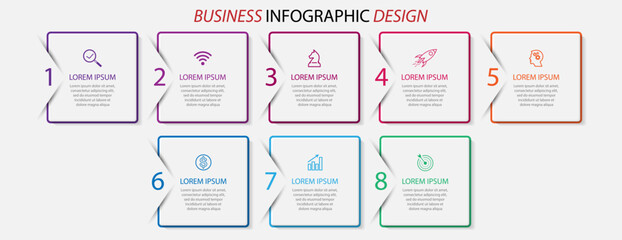 Poster - simple infographic design with 8 parts or steps, interconnected square shapes with thin colored lines, for flow diagrams, banners or your business presentation