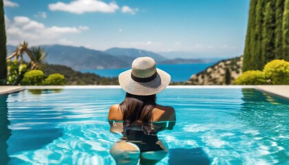 Luxury swimming pool spa resort travel honeymoon destination woman relaxing in infinity pool at hotel nature background summer holiday.