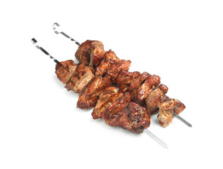 Wall Mural - Metal skewers with delicious shish kebabs isolated on white