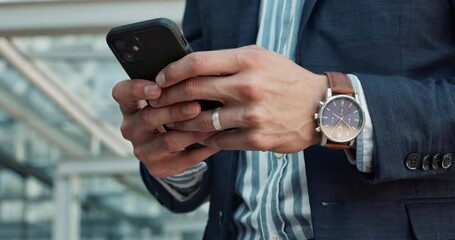 Wall Mural - Businessman, hands and phone typing for communication, social media or outdoor networking in city. Closeup of man or employee browsing or scroll on mobile smartphone for business or research outside