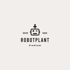 nature robot logo design, robot head combine with leaf logo design retro hipster vintage