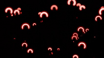 Poster - Jumping tiny arcuate neon shapes on a black background. Design. Small particles falling down of bubbles.