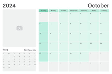 Wall Mural - October 2024 table calendar or desk planner with space for your picture, vector design, weeks start on Sunday