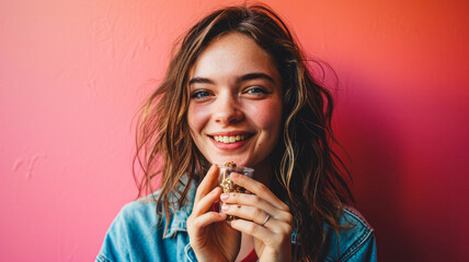 Wall Mural - A girl indulges in tasting a nutritious and crunchy protein bar made from edible insects, a sustainable and environmentally friendly source of protein.