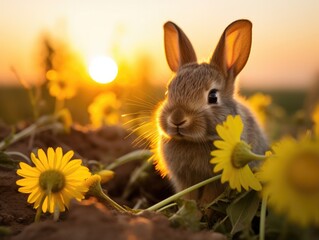 A small rabbit is sitting in the grass at sunset. Generative AI.