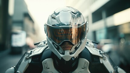 A man is wearing a white futuristic motorcycle helmet and riding motorcycle on the road.