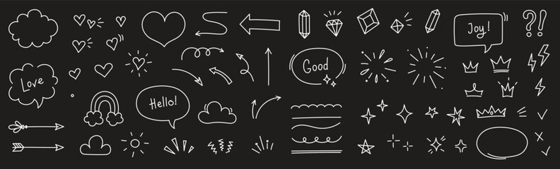 Aufkleber - Sketch line arrow element, star, heart shape on chalkboard background. Hand drawn doodle sketch style circle, cloud speech bubble grunge element. Arrow, star, heart decoration. Vector illustration