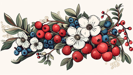 Wall Mural - Hand drawn Bunch with Flowers and Berries colorful