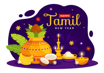 Wall Mural - Happy Tamil New Year Vector Illustration with Vishu Flowers, Coconut, Candle, Pots and Indian Hindu Festival in Flat Cartoon Background Design