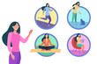 Woman coping with stress vector illustration. Woman doing yoga, jogging, reading book, pet therapy. Stress relief, coping with stress mechanism concept