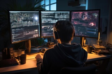 Poster - Software engineer developer working on monitor. Generative AI.