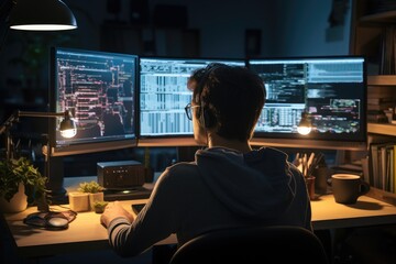 Poster - Software engineer developer working on monitor. Generative AI.