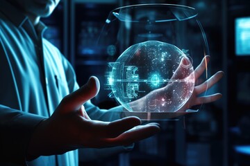 Sticker - Close up of businesswoman hand holding digital globe. 3D rendering, A medical doctor's hand engages with a modern computer interface, serving as a 3D rendering medical concept, AI Generated