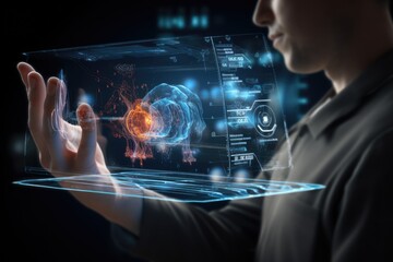 Sticker - Businessman on blurred background using digital interface with brain hologram 3D rendering, A medical doctor's hand engages with a modern computer interface, serving as a 3D rendering, AI Generated