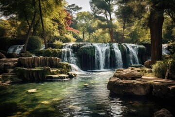 Wall Mural - Beautiful waterfall in the park with soft focus and blurred background, A picturesque waterfall in the park, AI Generated