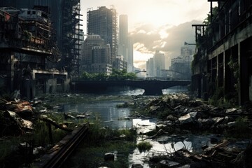 Wall Mural - Ruins of a factory in the city of Shanghai, China, A post-apocalyptic city, gloomy overgrown buildings, AI Generated