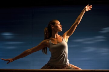 Sticker - Young woman stretching her arms in front of a blue background with copyspace, A young woman practicing yoga in the Virabhadrasana II position, rear side view, faces not revealed, AI Generated