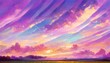 Beautiful landscape background sky clouds sunset, oil painting view wallpaper landscape light colours purple anime style magic and colorful.