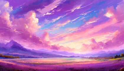 Wall Mural - Beautiful landscape background sky clouds sunset, oil painting view wallpaper landscape light colours purple anime style magic and colorful.