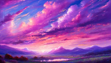 Wall Mural - Beautiful landscape background sky clouds sunset, oil painting view wallpaper landscape light colours purple anime style magic and colorful.