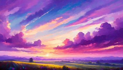 Wall Mural - Beautiful landscape background sky clouds sunset, oil painting view wallpaper landscape light colours purple anime style magic and colorful.