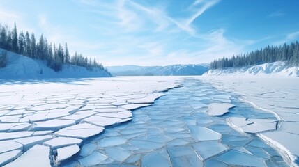 Wall Mural - Cracks on the surface of the blue ice. Frozen lake in winter mountains. It is snowing. The hills of pines. Carpathian Ukraine Europe. .