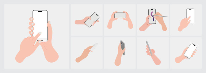 Poster - Hand holds smartphone in horizontal and vertical orientations collection, displaying a blank screen. Finger touches the white screen, operating the device.