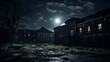 Creepy abandoned school with broken windows and moonlit skies