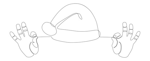Poster - One continuous line of hand with Santa Claus Hat. Thin Line Christmas Illustration vector concept. Contour Drawing Creative Holiday ideas.