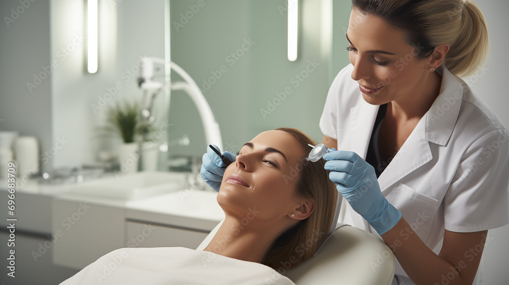 Amid the lively ambiance of a chic beauty salon, a skilled doctor ...