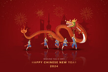 2024 Chinese New Year, Year Of The Dragon Banner Design With Cute Little Boys Performing Dragon Dance. Chinese Translation: Auspicious Year Of The Dragon, Wish You Enlarge Your Wealth