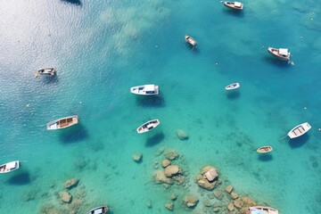 Wall Mural - Aerial view of fishing boats in the sea. Top view, Boats from the air, Aerial view of the sea in Turkey, Summer seascape with clear water on a sunny day, AI Generated