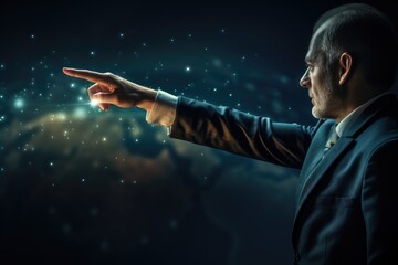 Poster - Businessman pointing with finger at glowing earth planet and stars on dark background, Businessman's hand touching a star rating concept on a touch screen with his finger, AI Generated