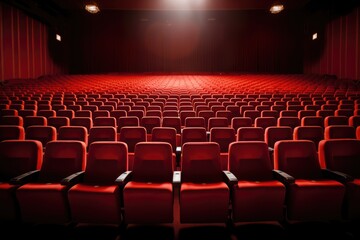 Poster - Movie or theater auditorium with red seats and spotlight. Cinema background, Bright empty red seats in cinema rows, AI Generated