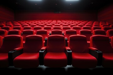 Poster - Empty cinema auditorium with rows of red seats. 3d render, Bright empty red seats in cinema rows, AI Generated