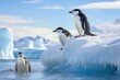 Gentoo penguins and chick on ice floe in Antarctica, Chinstrap penguins, Pygoscelis antarctica, on an iceberg off the South Shetland Islands, AI Generated