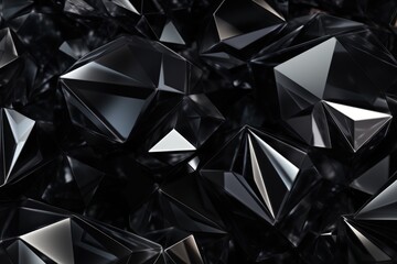 Poster - Abstract 3d rendering of chaotic polygonal shapes. Futuristic background with low poly shape, Black and gray background with crystals and triangles in a 3D illustration, AI Generated